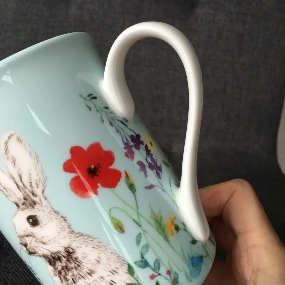 Bunny + Floral Colorful Spring Coffee, Tea Mug, Blue, White, NEW, 12 oz